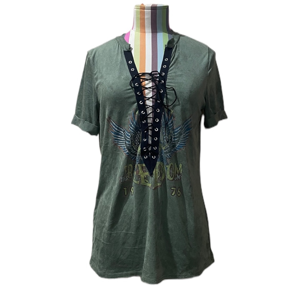 OOTDFash Olive Green Velvet Graphic Tee 0468